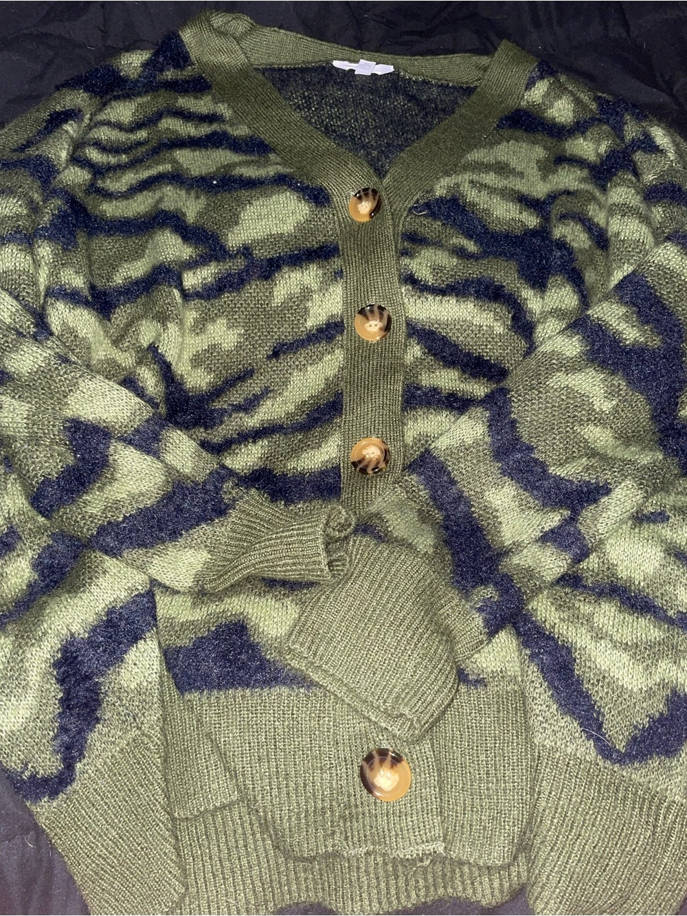 Time and Tru Olive & Navy Abstract Button Cardigan